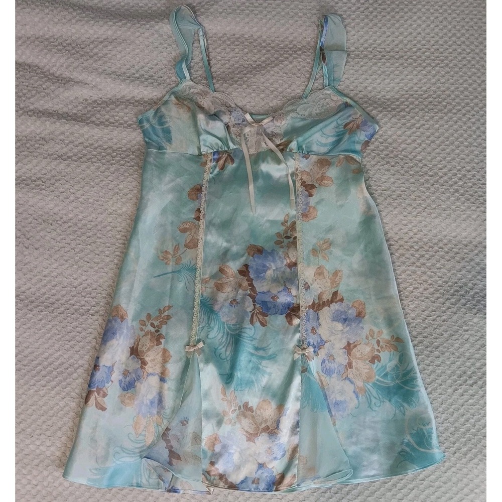 Y2K Baby Blue Fairycore Coquette Slip Dress With Bows Lace Trim‎ And A Slit SZ S